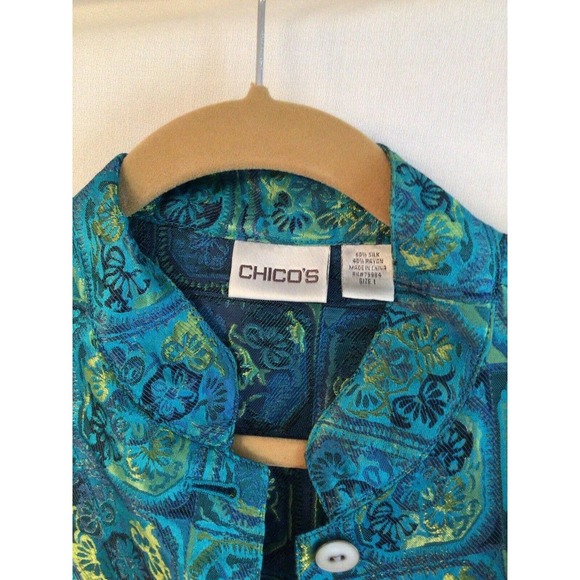 Chicos Silk Turquoise Blue Green Metallic Asian Brocade Tapestry Jacket Sz 1 - Picture 2 of 3